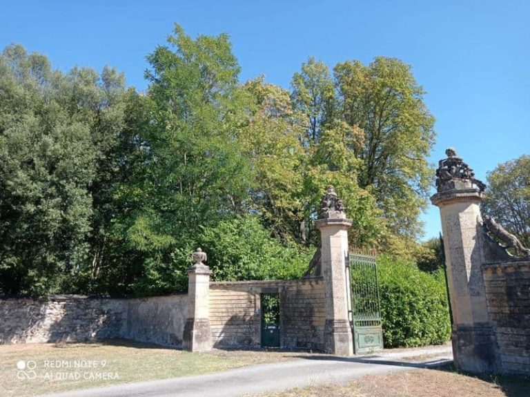 Prestigieuse entrée du château du 19e et ses piliers sculptés